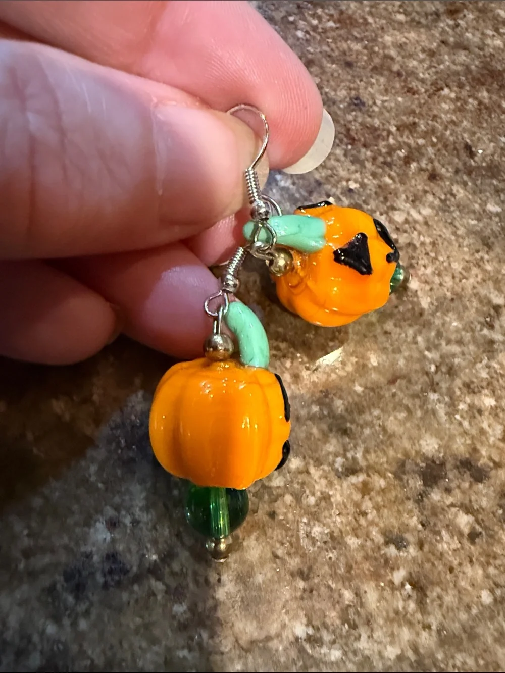 Halloween Pumpkin Dangle Glass Earrings - Orange & Green Kids Accessories